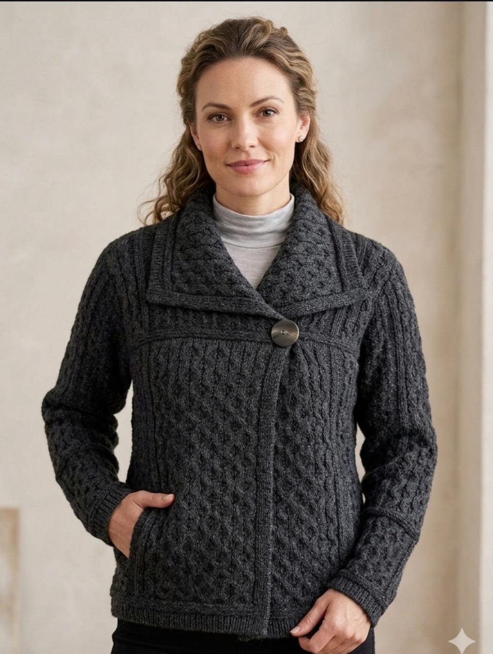 Aran Mõr, Women's Charcoal Cable Knit Cardigan 100% Wool,  Made Irelande